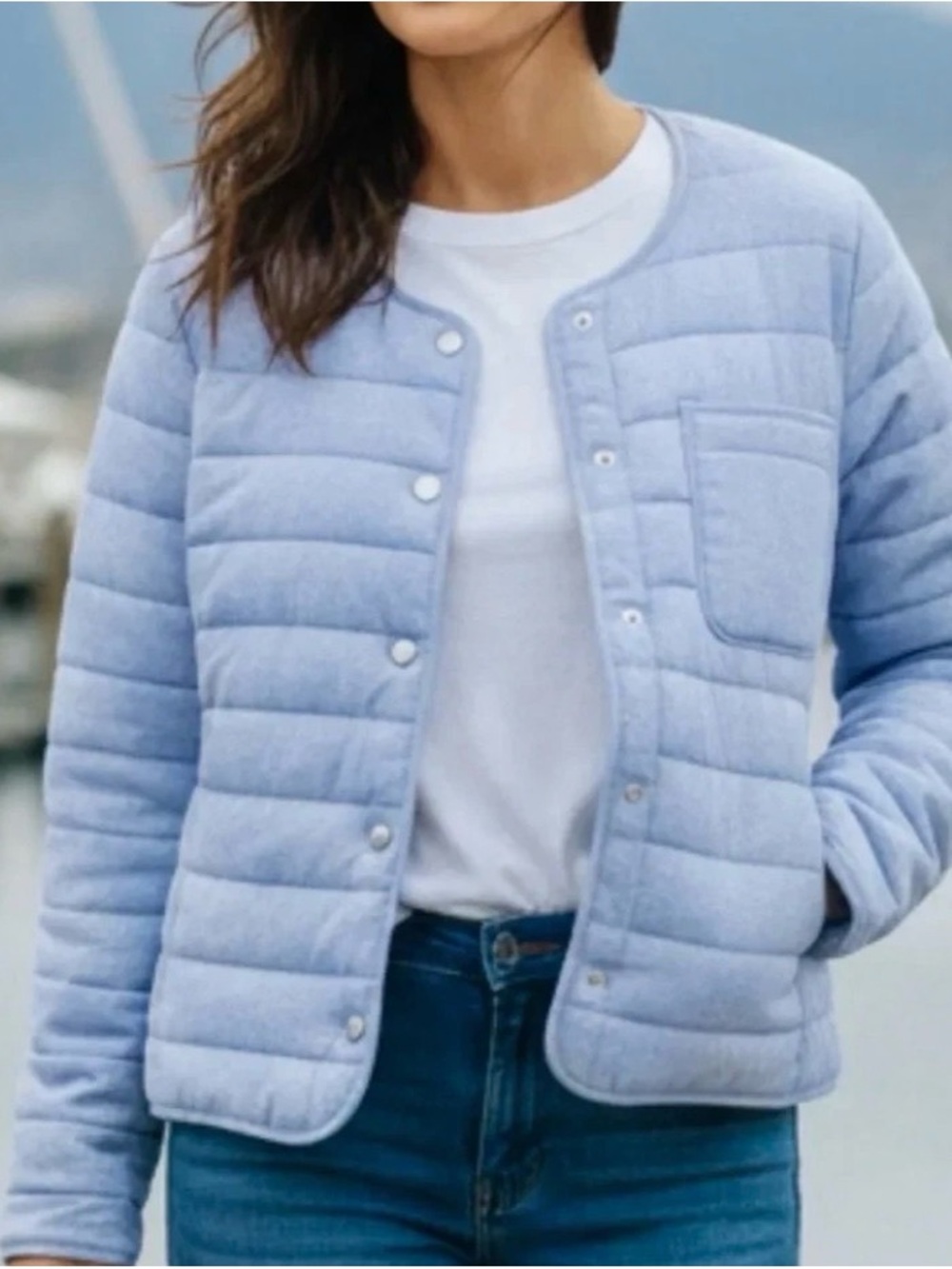 Vineyard Vines Breezy Linen Puffer Jacket Jake Blue Womens Size Medium Snap